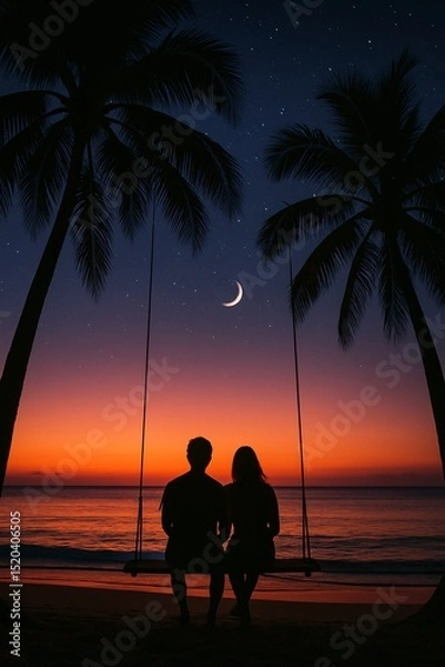 Fototapeta Silhouette of romantic couple sitting on beach swing at sunset with palm trees and crescent moon, evoking love, serenity, and tropical evening atmosphere under starry sky

