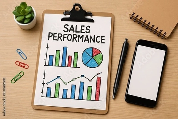 Fototapeta Top view of a clipboard showing colorful charts and graphs labeled “Sales Performance,” surrounded by office supplies, symbolizing business growth, analysis, and productivity

