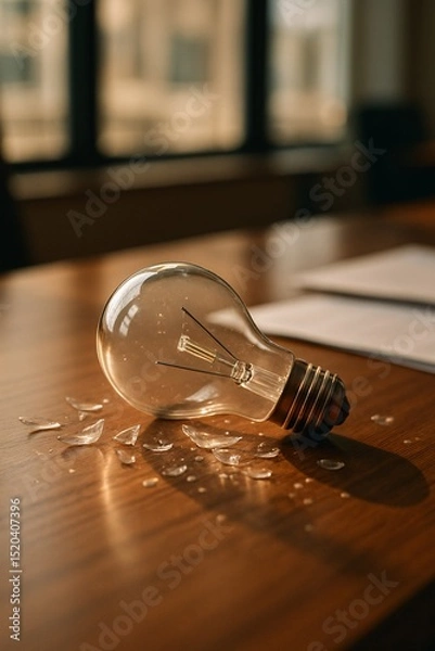 Fototapeta Broken light bulb on wooden office desk with shattered glass fragments, symbolizing failure, lost ideas, creativity burnout, or innovation challenges in corporate space

