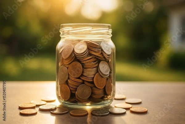 Fototapeta Glass jar filled with stacked coins placed on a table, symbolizing savings, finance, and investment growth, captured in natural light with a warm outdoor background

