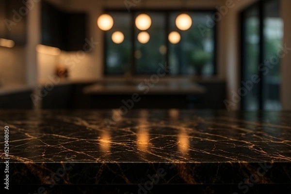 Fototapeta Elegant modern black marble countertop with gold veining in a luxury kitchen setting, beautifully illuminated by warm ambient lighting and blurred interior background

