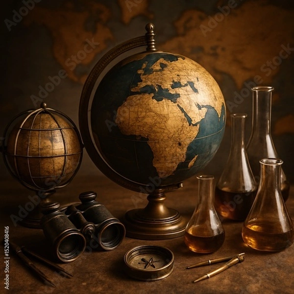 Fototapeta Antique globe with vintage navigation instruments and old maps, exploration and discovery concept, historical adventure, travel and curiosity in a nostalgic atmosphere

