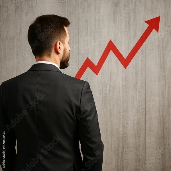 Fototapeta Businessman analyzing financial growth with red arrow increasing trend in office, concept of professional success, leadership and economic progress in modern work environment

