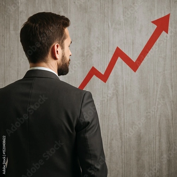 Fototapeta Businessman analyzing financial growth with red arrow increasing trend in office, concept of professional success, leadership and economic progress in modern work environment

