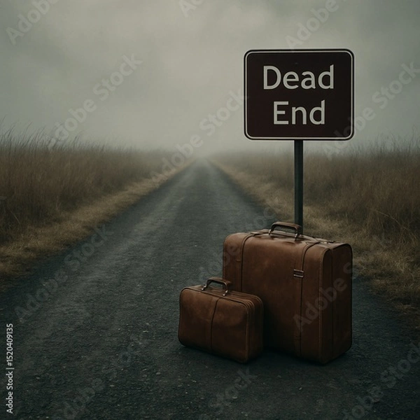 Fototapeta Vintage suitcases left on a foggy deserted road beneath a “Dead End” sign, evoking a sense of finality, abandonment, lost journey, and emotional reflection

