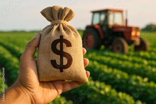 Fototapeta Close-up of a hand holding a money bag with a dollar sign in front of a green agricultural field and tractor, symbolizing farm investment, agribusiness, and rural finance concepts

