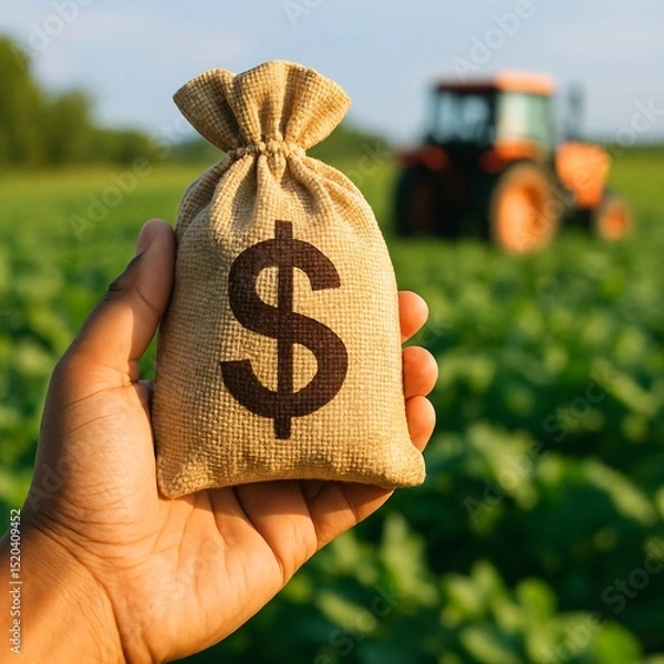 Fototapeta Close-up of a hand holding a money bag with a dollar sign in front of a green agricultural field and tractor, symbolizing farm investment, agribusiness, and rural finance concepts

