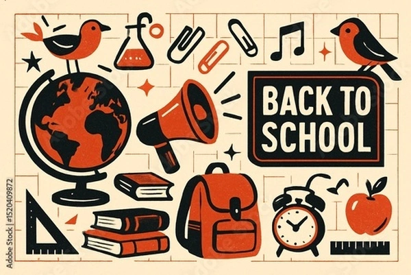 Fototapeta Retro style flat vector illustration of school supplies and learning elements including books, globe, backpack, alarm clock, and megaphone with “Back to School” typography

