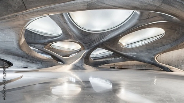 Obraz Sleek Harmonies: 3D Illustrations of Abstract Minimalist Architectural Backgrounds – Geometric Buildings Woven with Wave Curves and Metallic Textures. Dive into a visual universe where precision meets