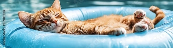 Fototapeta Ginger cat relaxing on inflatable ring in pool