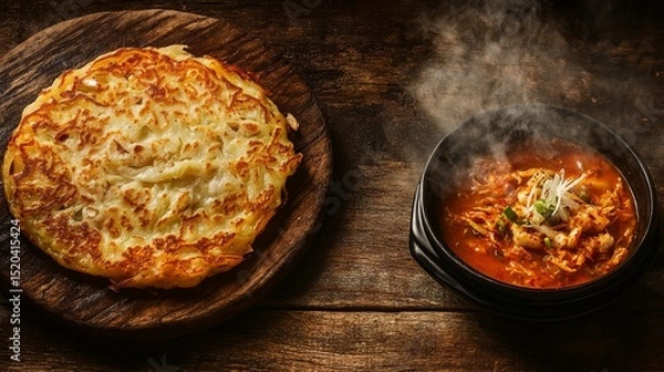 Fototapeta A rustic wooden table showcases a sizzling hot Korean seafood pancake (haemul pajeon) with crispy golden edges, drizzled with a light soy-based dipping sauce, 