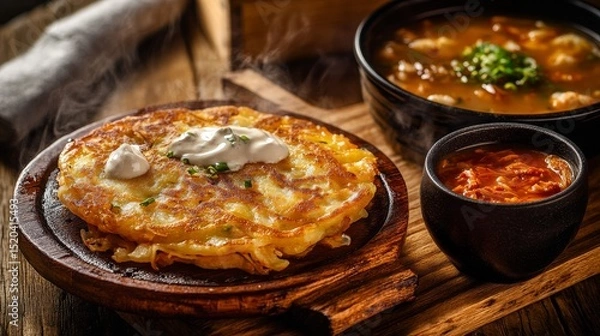 Fototapeta A rustic wooden table showcases a sizzling hot Korean seafood pancake (haemul pajeon) with crispy golden edges, drizzled with a light soy-based dipping sauce, 