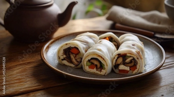 Fototapeta A serene tea house setting presents a simple plate of delicate tofu skin rolls stuffed with mushrooms and vegetables, placed on a wooden table with a teapot