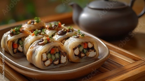 Fototapeta A serene tea house setting presents a simple plate of delicate tofu skin rolls stuffed with mushrooms and vegetables, placed on a wooden table with a teapot