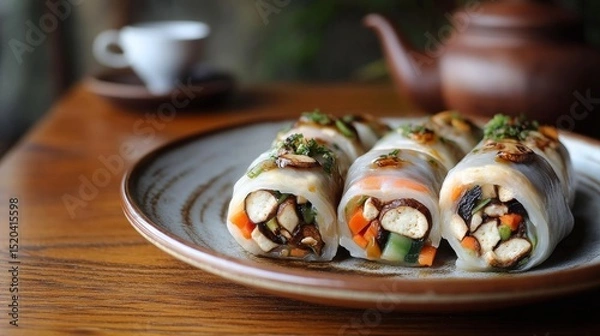 Fototapeta A serene tea house setting presents a simple plate of delicate tofu skin rolls stuffed with mushrooms and vegetables, placed on a wooden table with a teapot