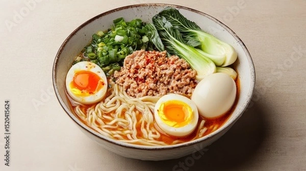 Fototapeta A single-serving bowl of Japanese tantanmen ramen with spicy sesame broth sits in the center of a neutral-colored background, garnished with minced pork, soft-boiled egg, 