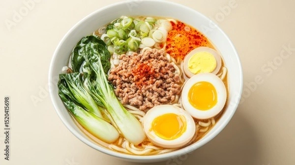 Fototapeta A single-serving bowl of Japanese tantanmen ramen with spicy sesame broth sits in the center of a neutral-colored background, garnished with minced pork, soft-boiled egg, 