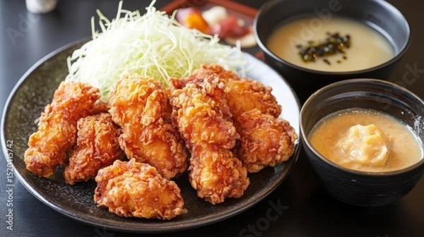 Fototapeta A sleek, contemporary restaurant scene with a plate of Japanese karaage (crispy fried chicken) served with a side of spicy yuzu mayo, finely shredded cabbage