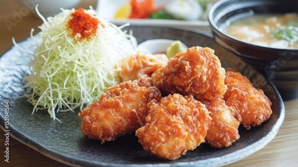 Fototapeta A sleek, contemporary restaurant scene with a plate of Japanese karaage (crispy fried chicken) served with a side of spicy yuzu mayo, finely shredded cabbage
