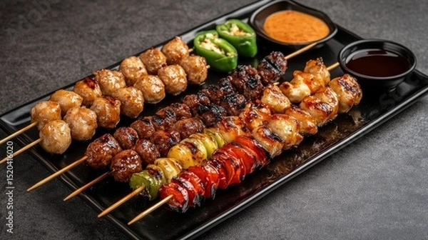 Fototapeta A sleek, high-angle shot of a Japanese izakaya-style table setting, featuring a variety of yakitori skewers, including grilled chicken, tsukune (meatballs), and spicy shishito 