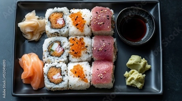 Fototapeta A spacious, clean-cut top-down view of a Japanese sushi platter featuring spicy tuna rolls, salmon sashimi, and nigiri, arranged neatly on a minimalist black ceramic plate, 