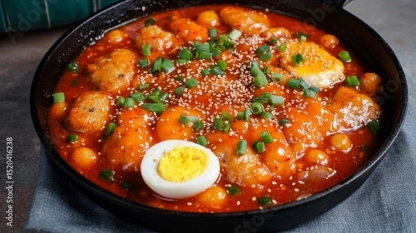 Fototapeta A spacious, top-down shot of a large black cast-iron pan filled with bubbling tteokbokki in a deep red gochujang sauce, garnished with sesame seeds, green onions,