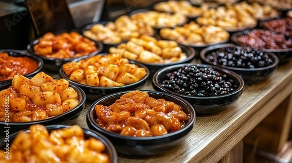 Fototapeta A traditional Korean street food stall setup with multiple small black bowls filled with different varieties of tteokbokki--classic spicy, rose cream, and black bean sauce