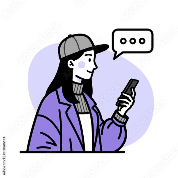 Obraz Smiling Woman in Purple Jacket Texting on Smartphone