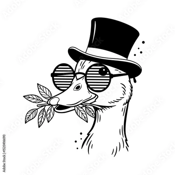 Obraz Stylish Duck in Top Hat and Sunglasses Holding Leaves Black and White Illustration