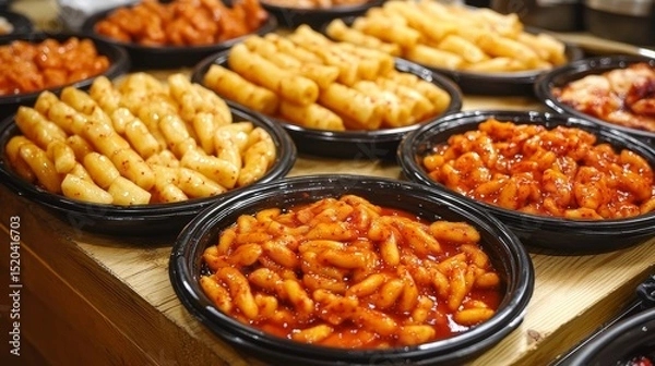 Fototapeta A traditional Korean street food stall setup with multiple small black bowls filled with different varieties of tteokbokki--classic spicy, rose cream, and black bean sauce