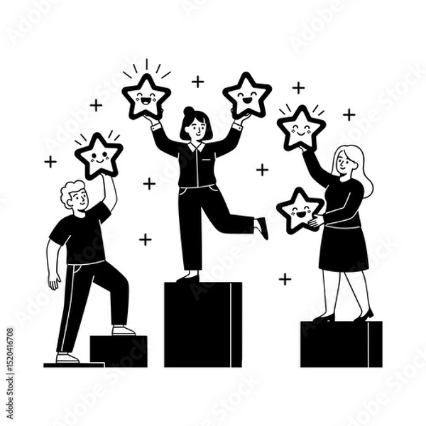 Obraz Team Celebrating Success With Shining Stars on Podium Black and White Illustration