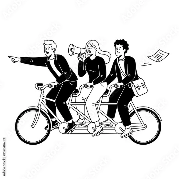 Obraz Three Businesspeople Riding Tandem Bicycle Teamwork Collaboration Success