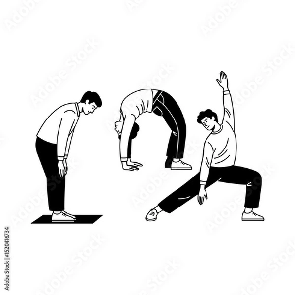 Obraz Three Men Performing Different Yoga Poses Black and White Line Art Illustration