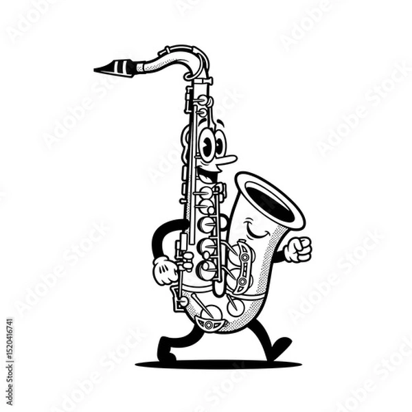 Obraz Walking Cartoon Saxophone Character Illustration Black and White Line Art