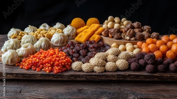 Fototapeta A vibrant festival-style display of dragon beard candy and sweet dim sum treats sits on a rustic wooden stall, with candied nuts and sesame balls arranged artfully, 