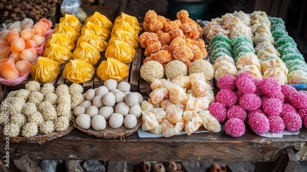 Fototapeta A vibrant festival-style display of dragon beard candy and sweet dim sum treats sits on a rustic wooden stall, with candied nuts and sesame balls arranged artfully, 