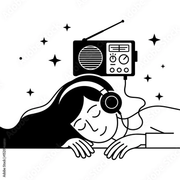 Obraz Woman Sleeping Peacefully with Headphones and Retro Radio in Monochrome Illustration