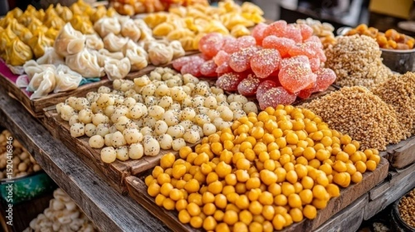 Fototapeta A vibrant festival-style display of dragon beard candy and sweet dim sum treats sits on a rustic wooden stall, with candied nuts and sesame balls arranged artfully, 