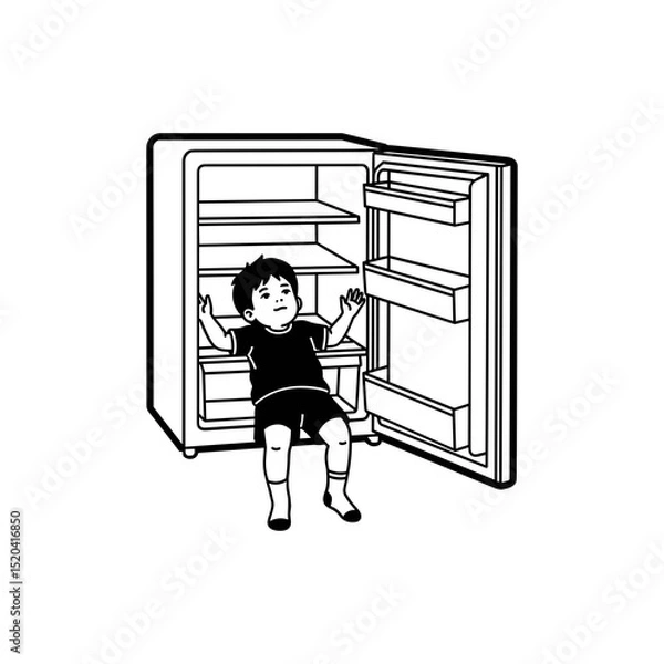 Obraz Young Boy Sitting Inside an Empty Refrigerator Black and White Line Art Illustration
