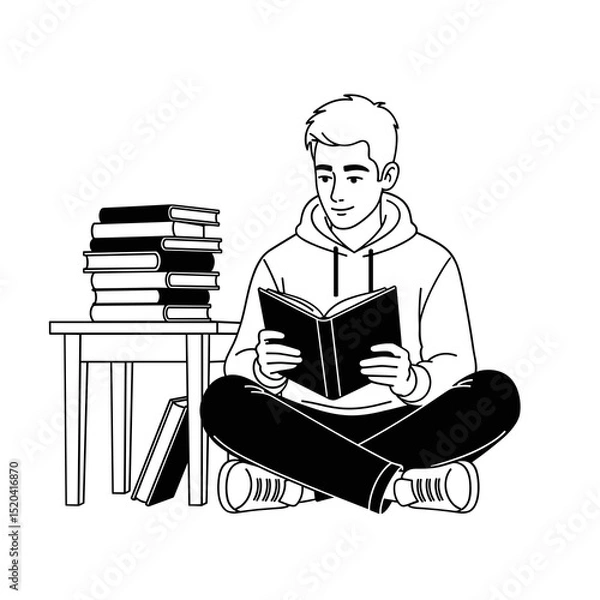 Obraz Young Man Reading a Book Surrounded by a Stack of Books, Black and White Line Art Illustration