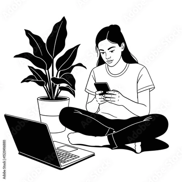Obraz Young Woman Using Phone and Laptop While Sitting on the Floor with a Houseplant