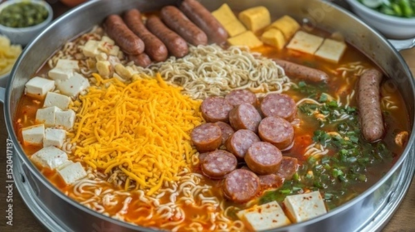 Fototapeta A vibrant top-down shot of a Korean army stew (budae jjigae) in a wide, shallow metal pot, filled with bubbling spicy broth, instant ramen, spam, sausages, 