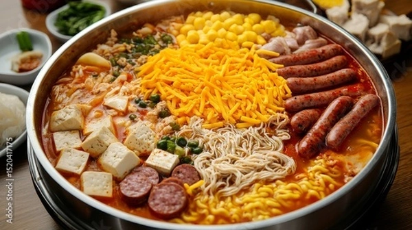 Fototapeta A vibrant top-down shot of a Korean army stew (budae jjigae) in a wide, shallow metal pot, filled with bubbling spicy broth, instant ramen, spam, sausages, 