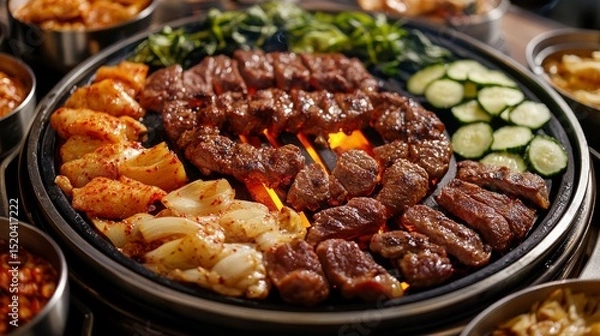 Fototapeta A wide-angle shot of a stylish Korean barbecue setup, featuring sizzling cuts of beef, pork belly, and spicy marinated chicken grilling over an open flame, 