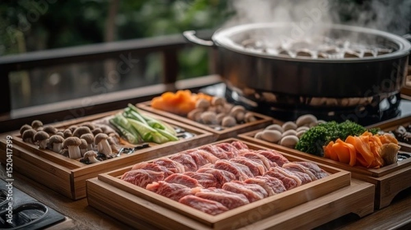 Fototapeta A wide-frame capture of a Japanese shabu-shabu setup, featuring thinly sliced beef, fresh mushrooms, and vegetables neatly arranged on wooden trays