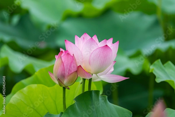 Obraz lotus flower blooming in summer pond with green leaves as background