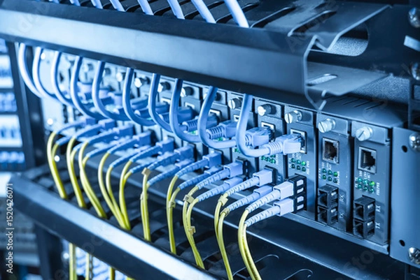 Obraz server with fiber optic cables  and network cable in data center