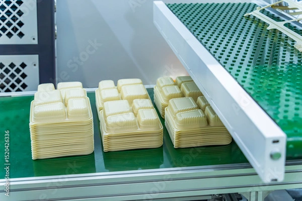 Obraz polypropylene food containers on conveyor belt of automatic plastic injection molding machine,automated technology concept