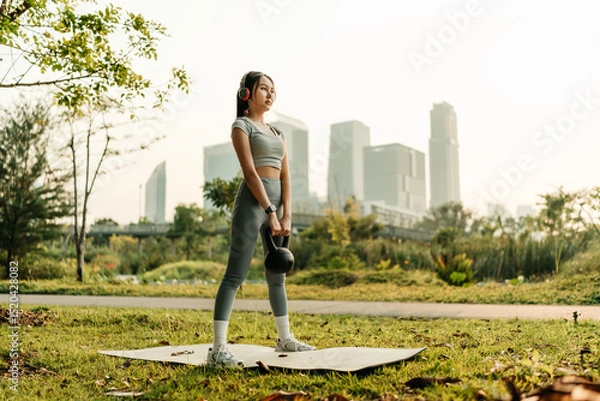 Fototapeta A woman dressed in workout clothes is wearing headphones, listening to music, and performing squats with kettlebell to exercise her legs and glutes