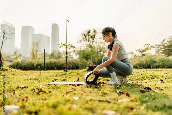 Fototapeta A woman dressed in workout clothes is spreading out a yoga mat to prepare for exercising at the park